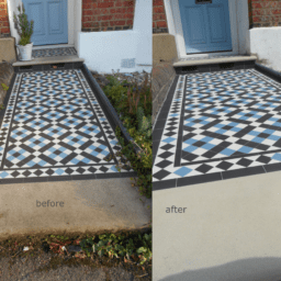 Very attractive Victorian tiles on pathway in Muswell Hill that we deep cleaned and restored. Tiles look very dirty but come almost brand new after cleaning