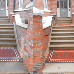 Before and after of Yorkstone steps with Victorian geometric tiles cleaned and restored on this entry way in West Hampstead
