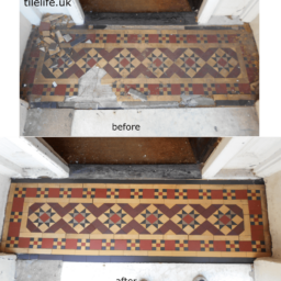 small Victorian tiles on porch that have been restored. Tiles look bright, clean and fresh after the restoration work. This porch was restored near Crouch End N4
