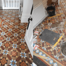 very damaged original Geometric Victorian tiles completely restored, deep cleaned and waxed in North London