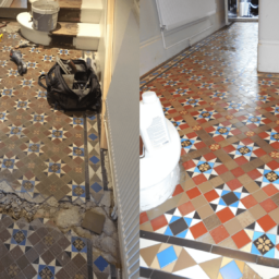 broken damaged Victorian tiles in this North West London hallway that have been repaired, restored , deep cleaned and sealed.