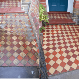 yellow and red Victorian style quarry tiles on pathway in Hertfordshire St Albans that we deep cleaned and resored
