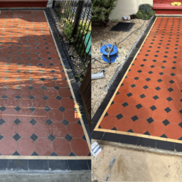 red and black octagon Victorian tiled pathway deep cleaned and restored in Highgate NW London. Pathway has been deep sealed with a colour enhancing sealer to brighten up old tiles