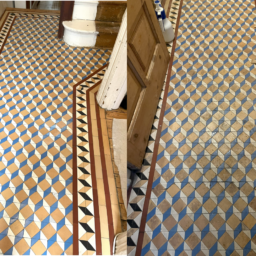 3D effect original Victorian tiles in Muswell Hill that have been deep cleaned and waxed with natural beeswax. Tile look very dirty before and then nice and clean afterwards. Tiles are yellow blue and white