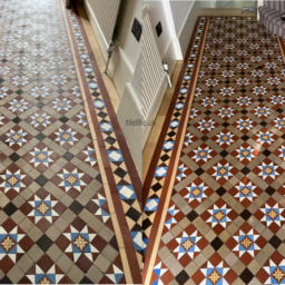 nice Victorian geometric tessellated tiles that have been deep cleaned and colour enhanced in a West London property. Tiles look dull but nice and bright after the colour enhancing sealer was applied