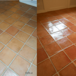 Terracotta tiles deep cleaned and Waxed in West London. Image shows dull tiles before restoration and then bright vivid after sealing and waxing