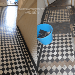 Very loose Victorian tiles completely lifted up and restored in this hallway in Chiswick West London. Victorian tiles where then deep cleaned and sealed followed by natural bees wax application