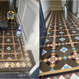 geometric Victorian tiled hallway deep cleaned , sealed and waxed in Muswell Hill- tiles are brown, yellow, blue. Pic shows before and after the restoration