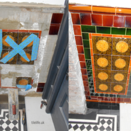 complete restoration of these glazed original Victorian ceramic tiles on a storm porch wall in Muswell Hill. Tiles where removed , suitable replacements sourced and then all retiled and blended together again